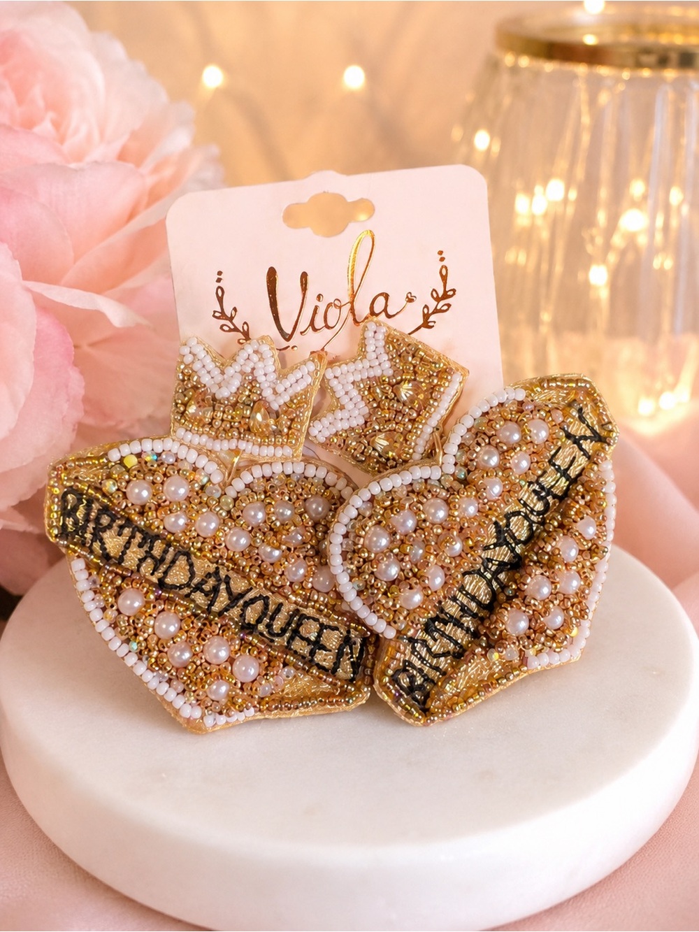 Gold & Pink Beaded 'Birthday Queen' Earrings